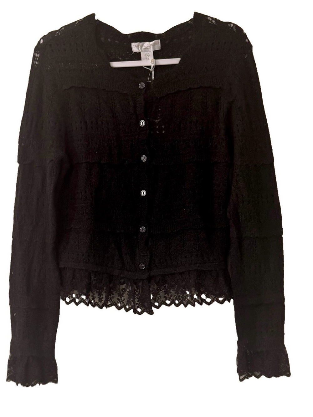 Caroline Constas Black Pointelle Lace Trim Cardigan Sweater M NWT